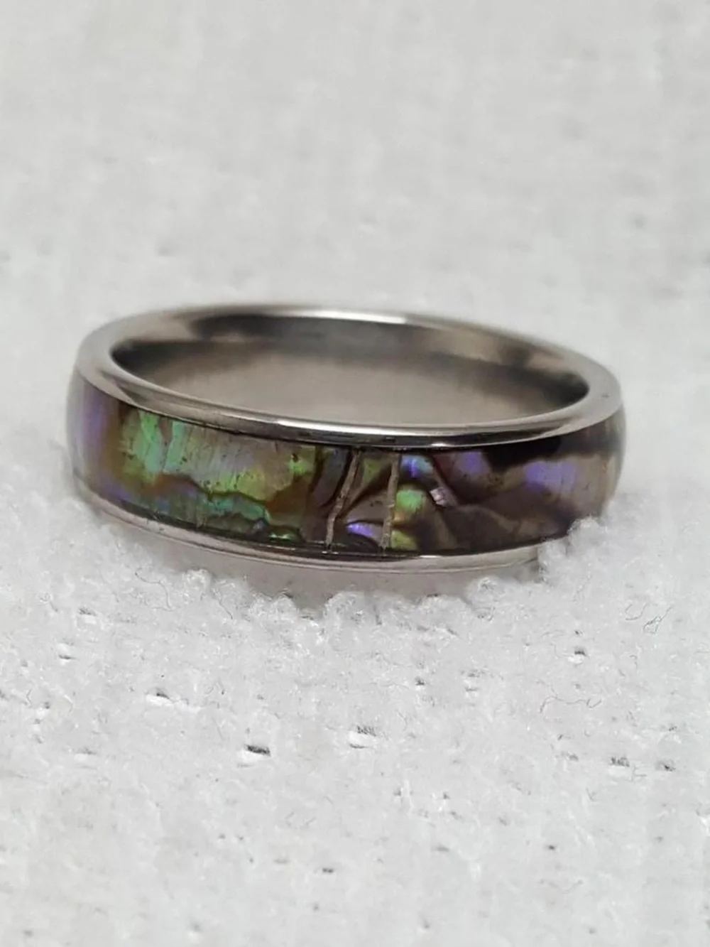 Silver Iridescent Abalone Inlay Ring - Green & Purple Hues